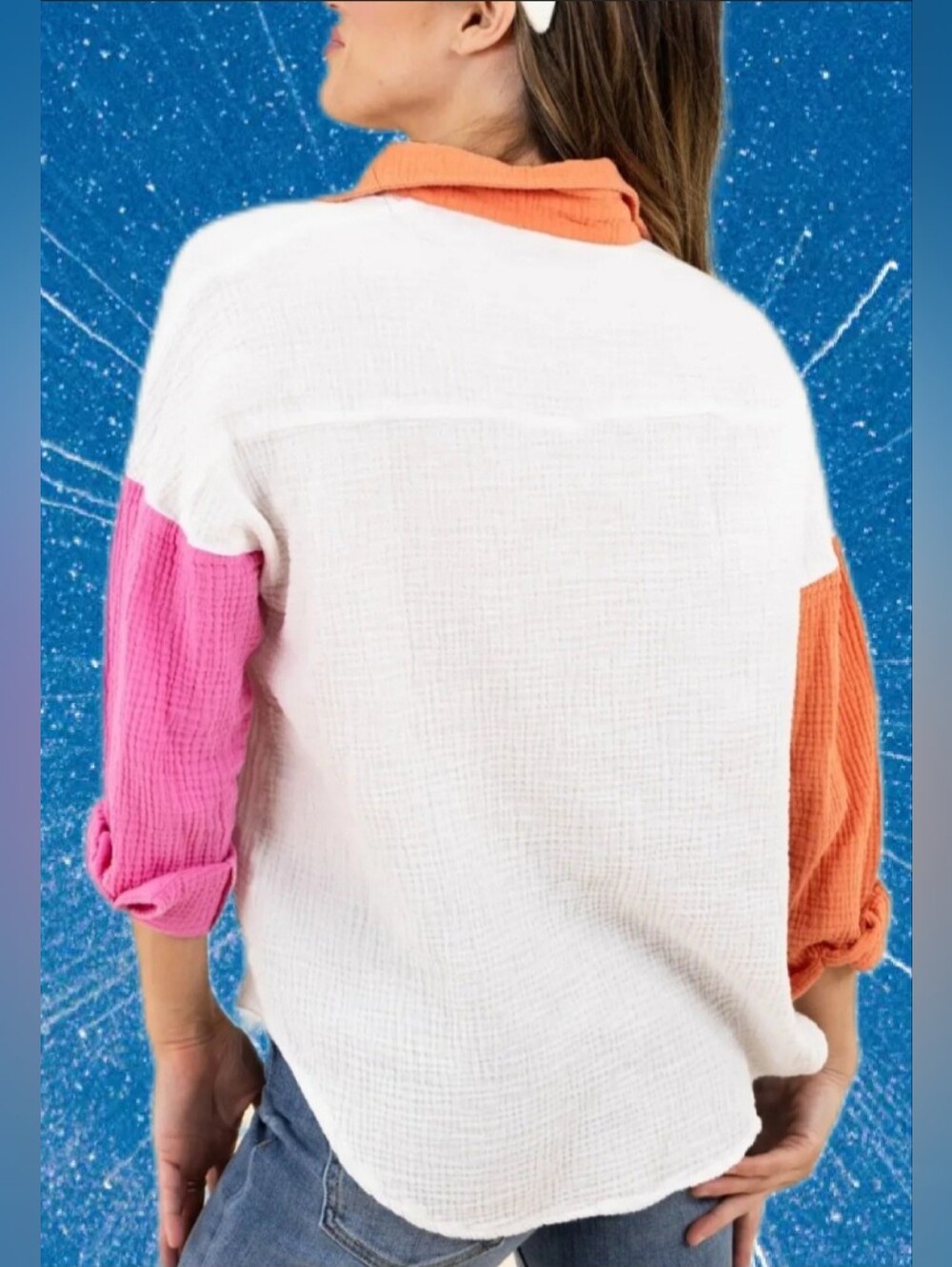 Oversized Button-Up Color Block Blouse by Entro - Picture 7 of 9